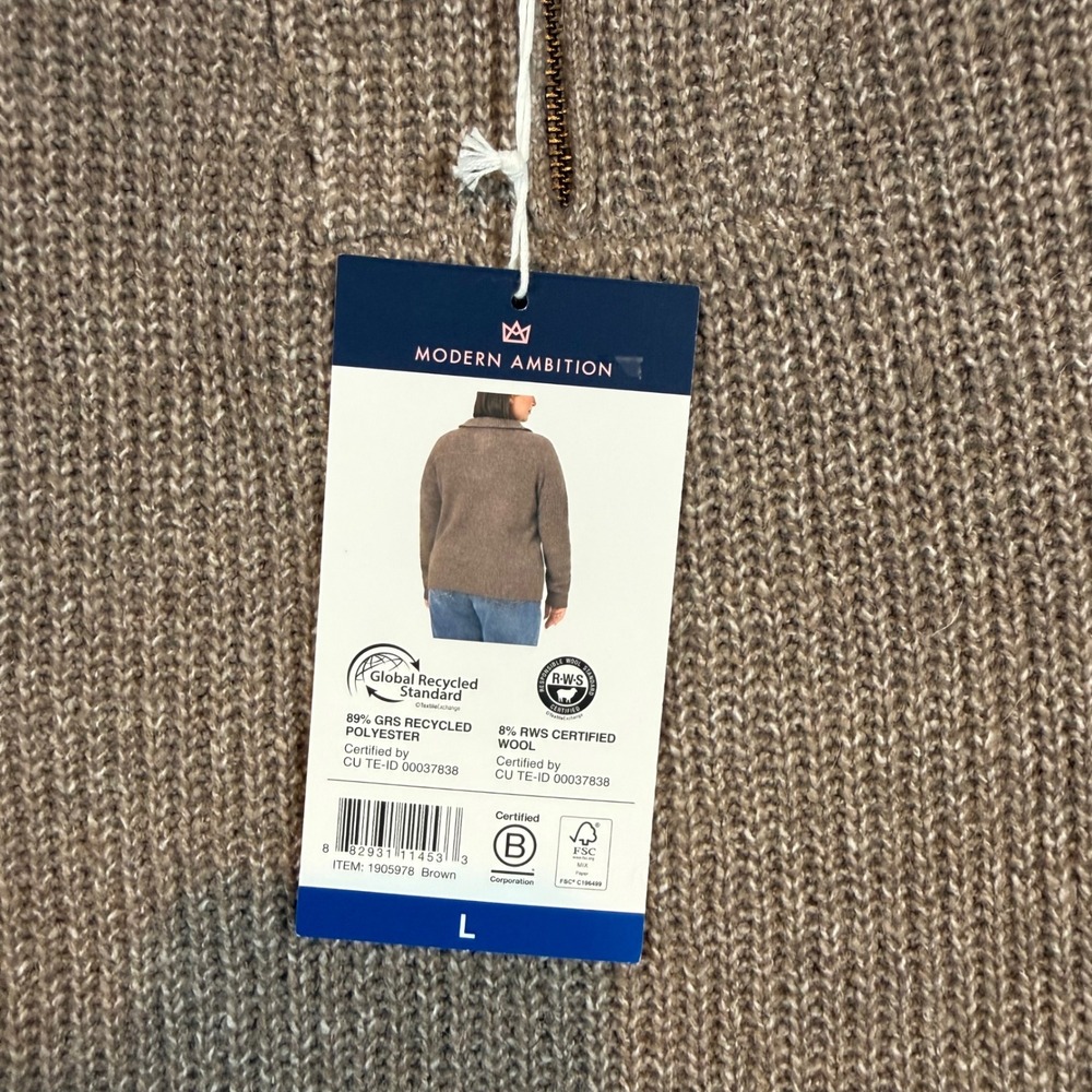 NWT Modern Ambition Womens Brown Merino Wool Blend Quarter Zip Ribbed Sweater Lg - Picture 3 of 9